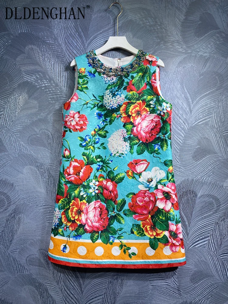 

DLDENGHAN Spring Summer Mini Dress Women Crystal Diamonds O-Neck Sleeveless Floral Print Vintage Dresses Fashion Designer New