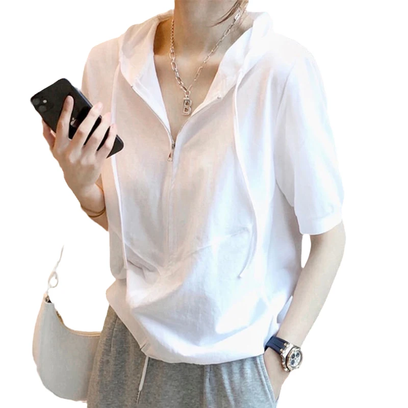 칭다오 브랜드 한국 슬레 여성 티셔츠 또는 스웨트셔츠 루즈핏 순면 화이트 탑 여름 캐주얼 웨어 출퇴근 패션