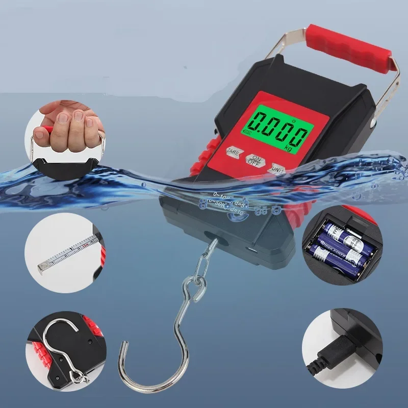 Waterproof Fishing Scale 50kg Portable Digital Recharged Hanging Hook Scales For Courier Hunting Luggage Home Weighing 1.5M Tape