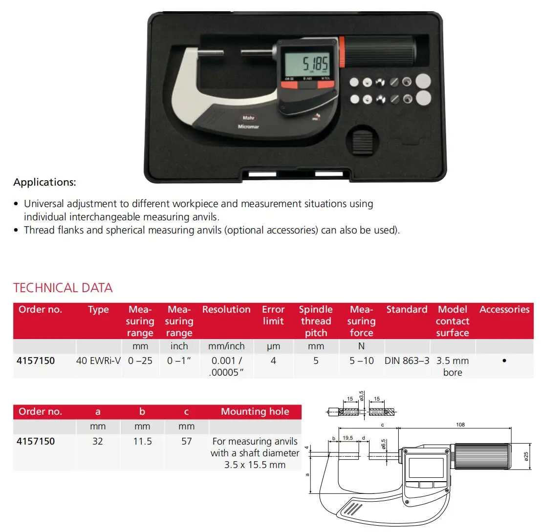 2025 Mahr Micromar 40EWRi-V/Micromar 40EWR-V Universal  interchangeable  measuring anvils digital micrometers