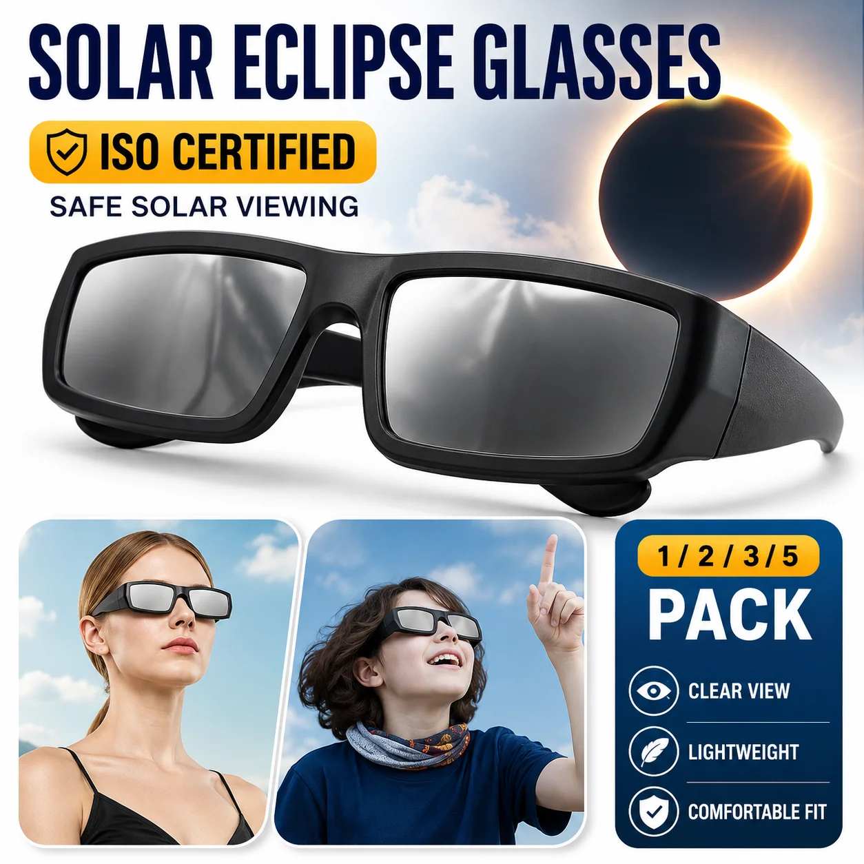 Solar Eclipse Glasses 1/2/3/5 Pack, ISO Certified Safe Viewing Shades for Solar Observation, Eclipse Watching Protective Eyewear