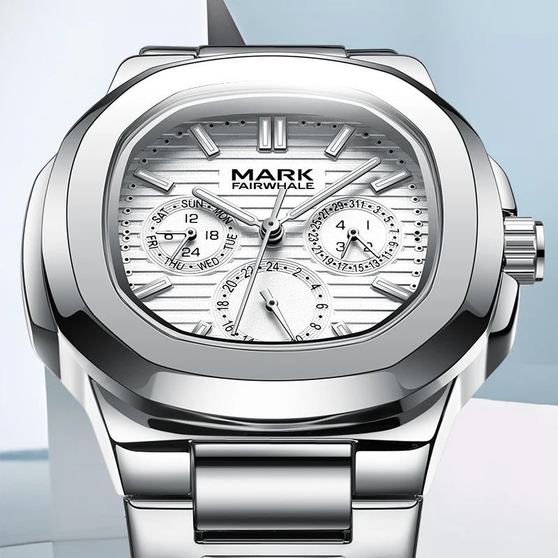 

Mark Fairwhale 5019 Men Watch Multifunctional Stainless Steel Quartz Wristwatch Calendar Week Display Waterproof Watches for Man