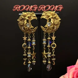 Vintage High Quality Heavy Workmanship Exquisite Golden Moon Angel Tassel Earrings Handmade Enamel Antique Earrings