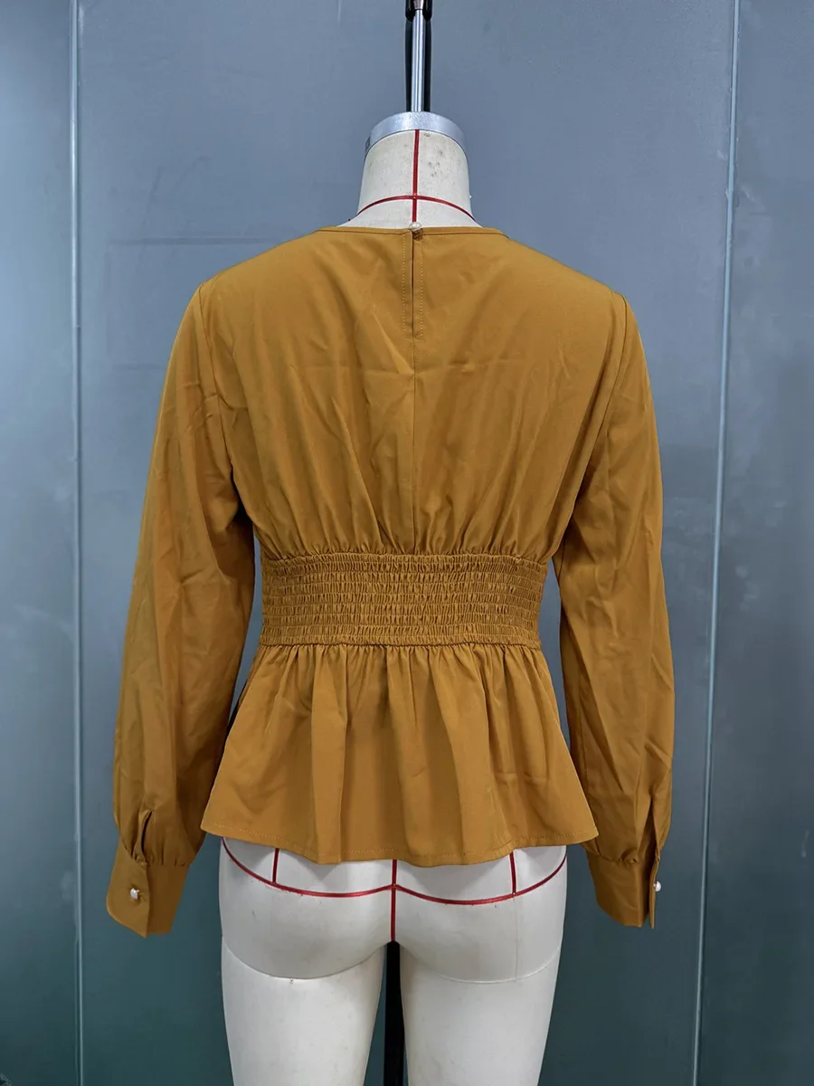 Elegant Puff Sleeve Slim Fit Blouse Solid Long Sleeve Top Autumn O Neck Shirt Women Light Brown Clothing