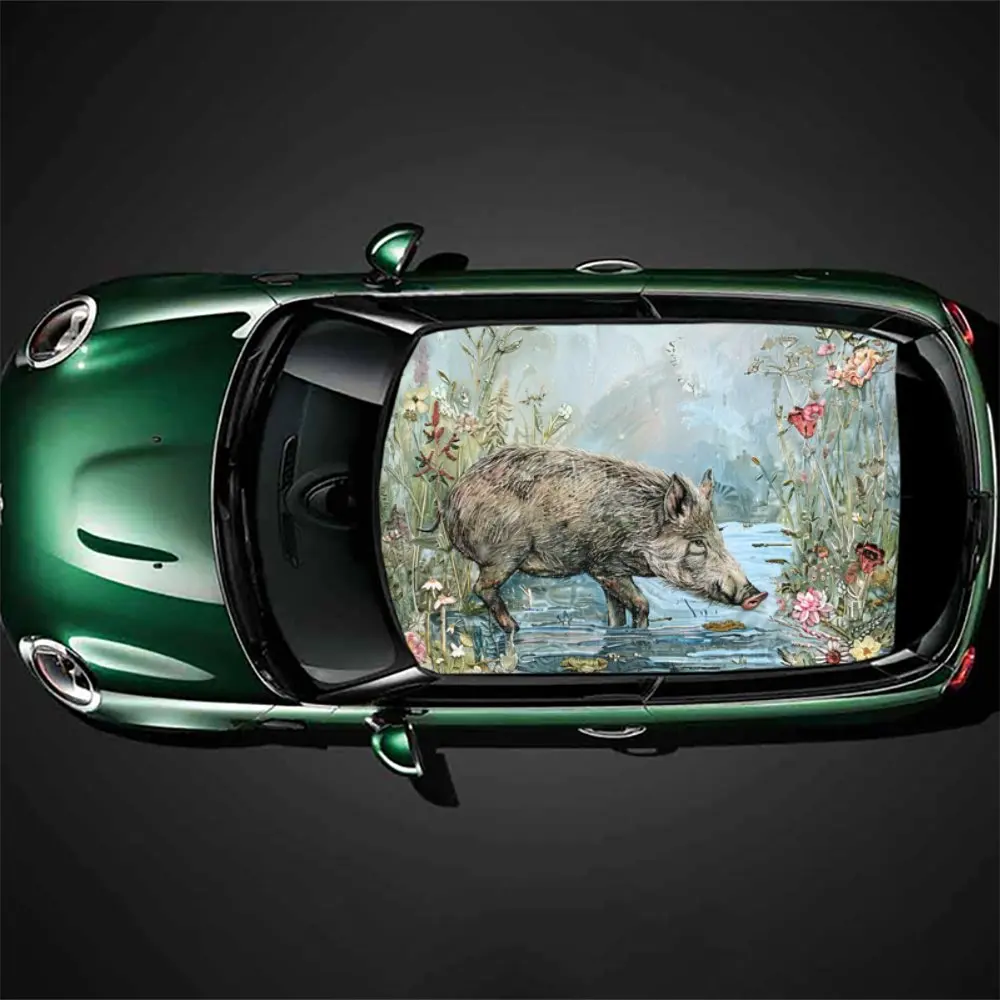 Blue Lake Animal Wild Boar Car Roof Sticker Wrap Racing SUV Auto Accessories Packaging PVC Car Hood Graphic Decal Decoration