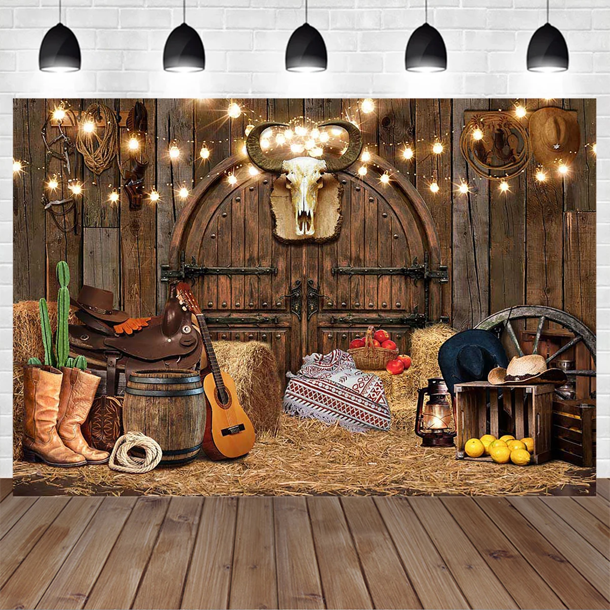 

Western Cowboy Photography Decor Background Warehouse Straw Dump Wine Bucket Glitter Wooden Backdrop Adult Family Baby Studio