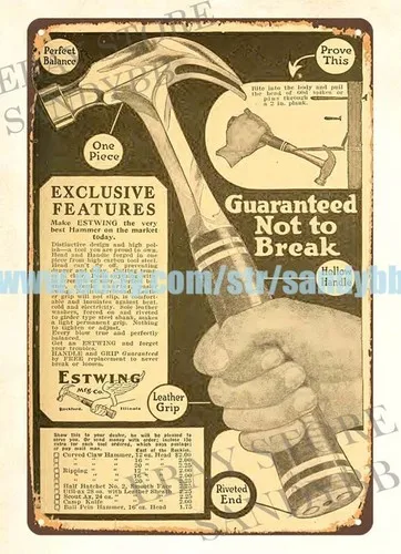 Letrero metálico de estaño con diseño de martillo de Estwing Manufacturing Co de 1929, placa decorativa para tiendas