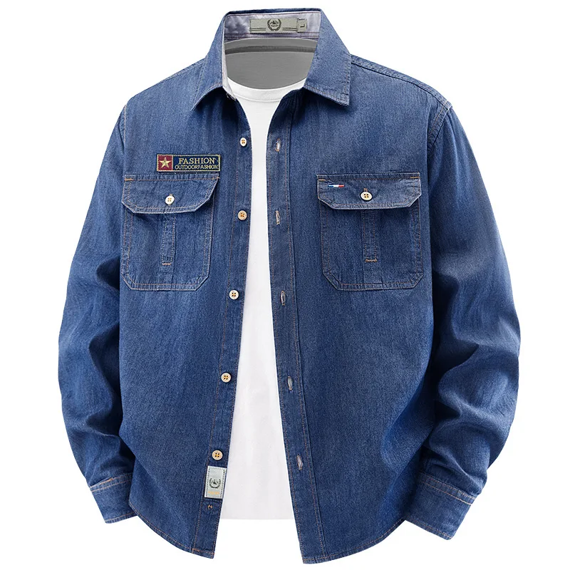 Casual Long Sleeve Denim Mens Shirts Loose Vintage Retro Cargo Man Shirts Tops Outwear 2026 Autumn Spring Size S- XXXL 4XL