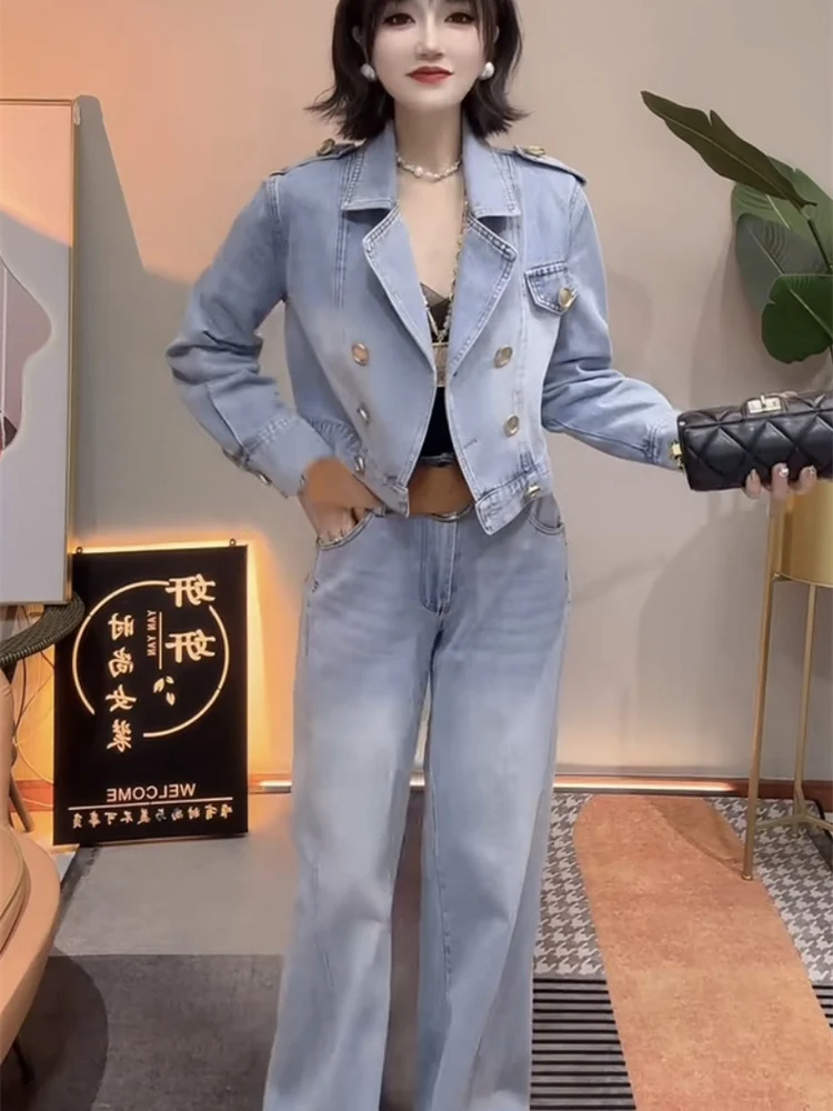 

Popular fashion casual denim suit for women in spring 2025 retro versatile lapel collar jacket wide leg pants 2piece set