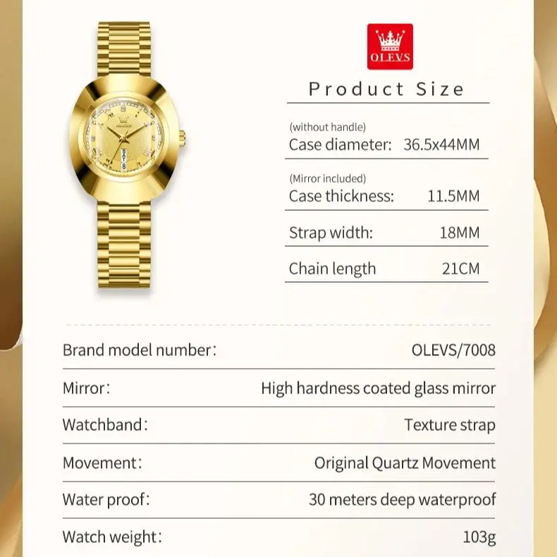 OLEVS 7008 Damski Złoty Zegarek Luksusowej Marki Wolframowa Stal Wodoodporny Świecący Zegarek Oryginalny Damski Zegarek Kwarcowy Modny Element