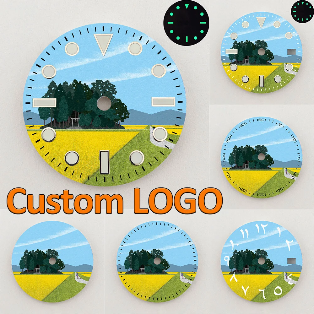 28.5mm NH35 Dial Yellow Rapeseed Field Scenery Dial Luminous Dial NH36 Dial Watch Accessories Fits NH35/36 Movements Custom LOGO