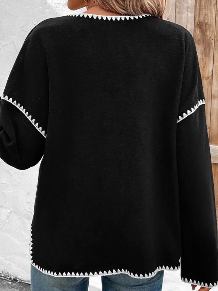 Luźny płaszcz damski oversize z białymi wykończeniami, idealny na jesień i zimę, do noszenia na co dzień, do pracy, długi płaszcz typu sweter.