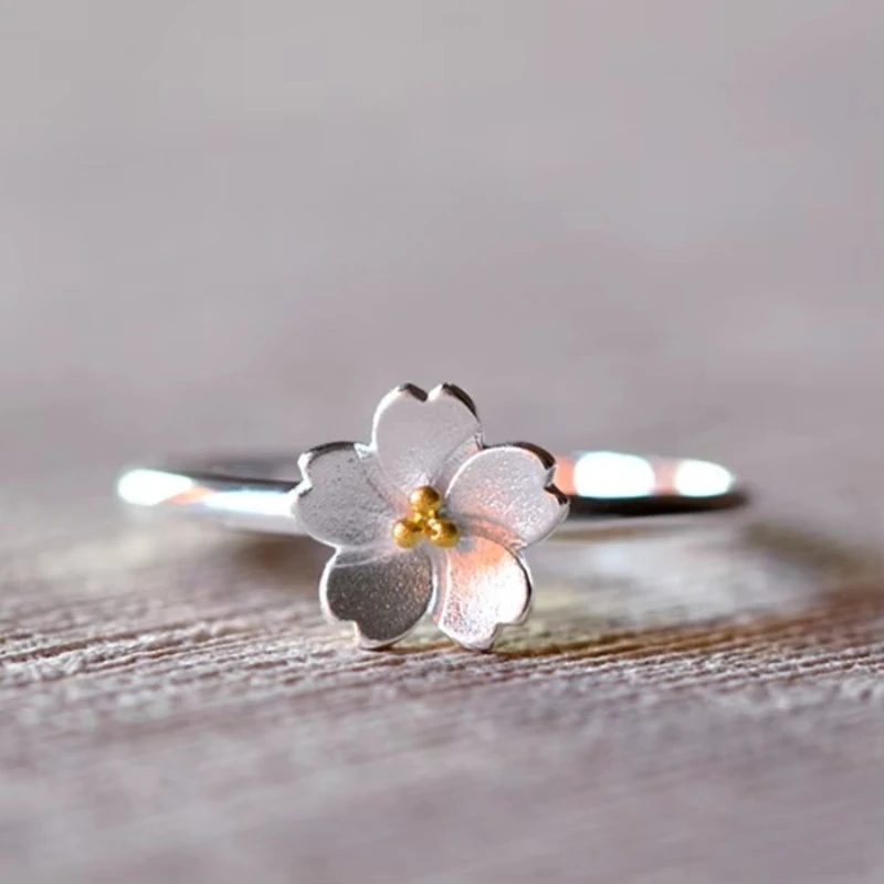 925 Sterling Silver kwiat wiśni otwarte pierścionki dla kobiet hipoalergiczna moda dziewczyna srebro-biżuteria