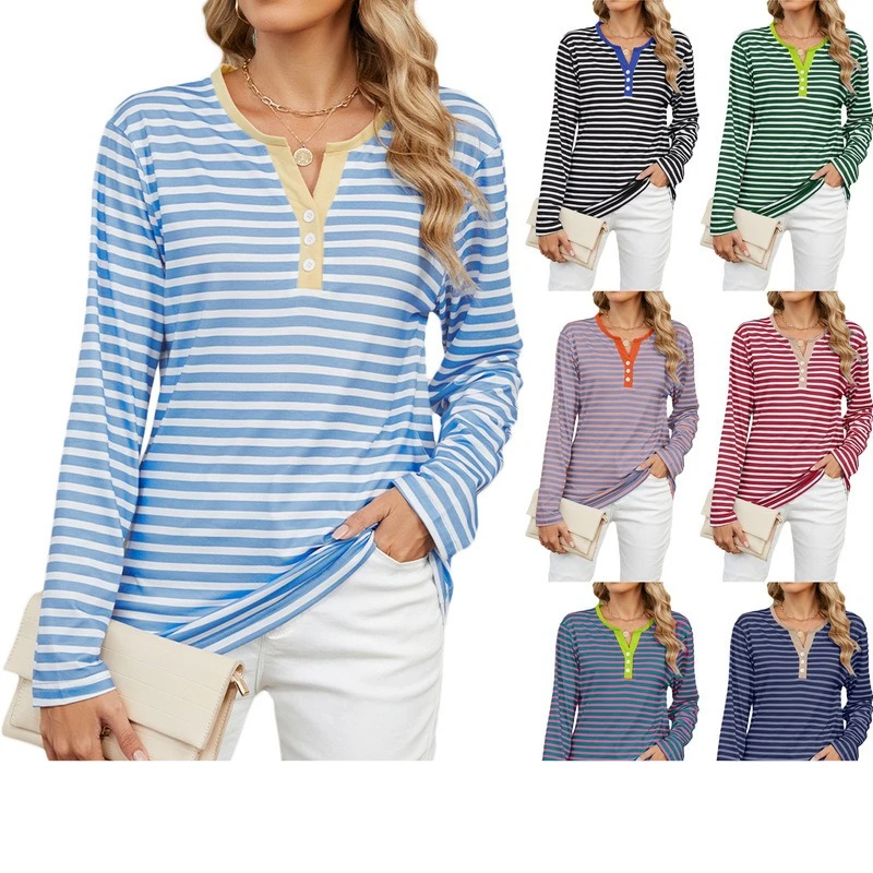 

Women's Casual Shirts Patchwork Striped Long-sleeved T-shirt V-neck Button Basic Tops Female Fashion Spring Autumn Blouse
