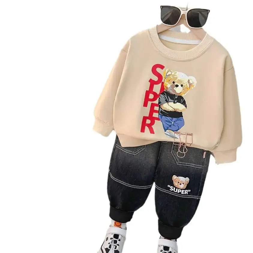 Conjuntos de estilo coreano para bebés, conjunto de ropa con oso de dibujos animados, camisetas y pantalones de manga larga con cuello redondo, chándales para niños pequeños