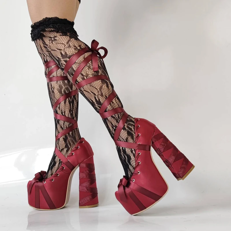 Escarpins Lolita à Talons Hauts et Épais pour Femme, Super Plateforme, Bandage de Rubans, Essence, Rose, Rouge, InjLeg, Élégant