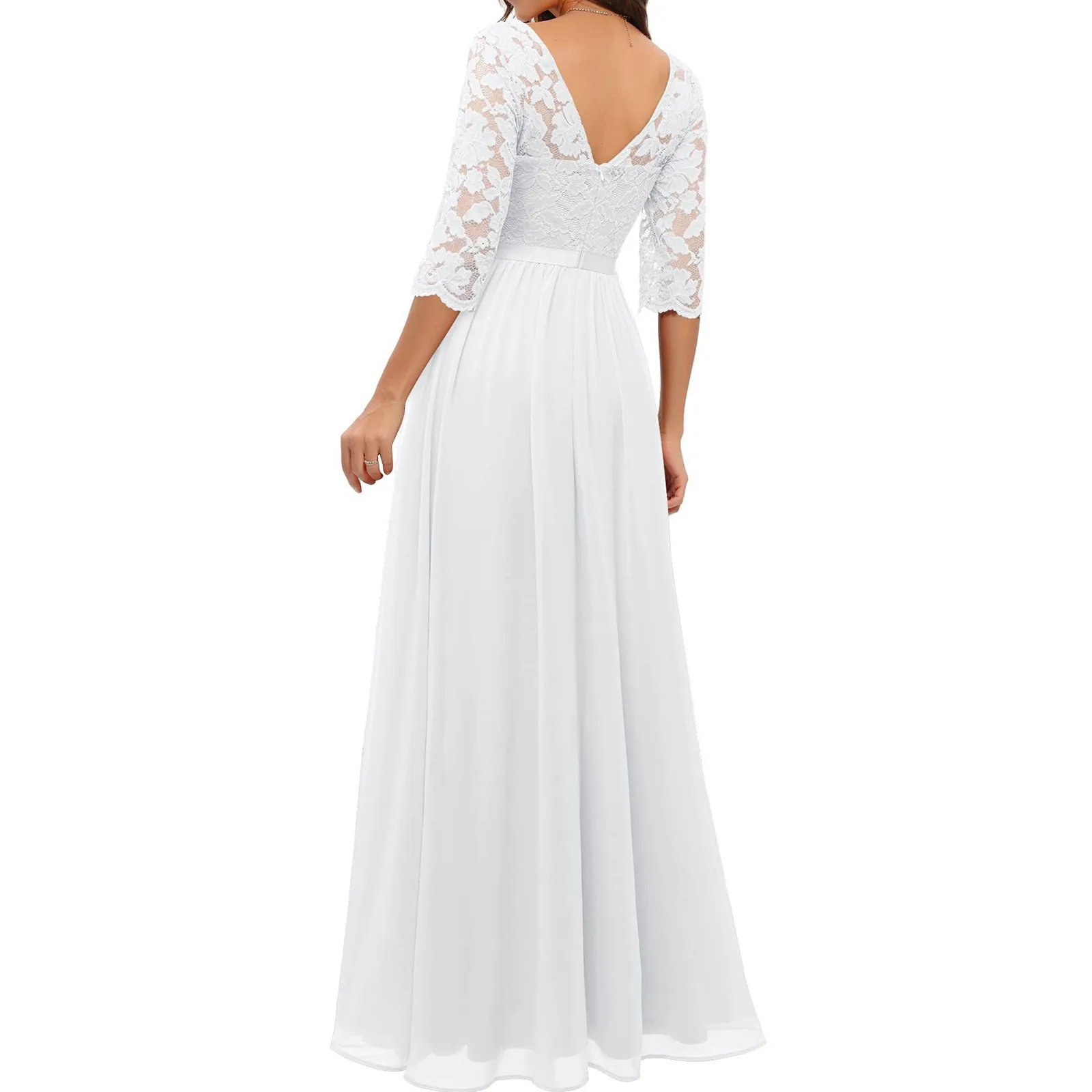 Abito lungo da donna abito da sera da sposa Vintage elegante in pizzo tinta unita con scollo a v a mezza manica con cerniera posteriore senza schienale abito femminile