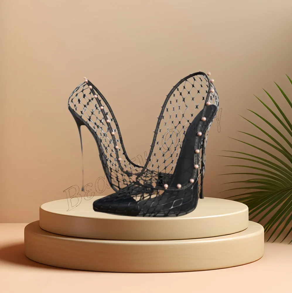 

Black Hollow Air Mesh Pumps Slip on Sloid Stilettos High Heel Shoes for Women Round Toe High Heels 2023 New Zapatos Para Mujere