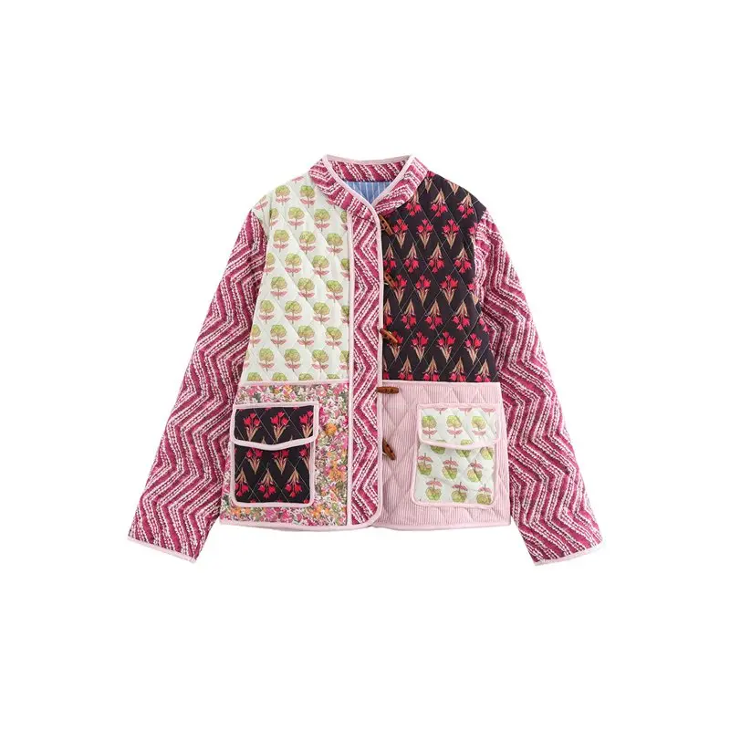 

CYL-Женская укороченная стеганая куртка-кардиган с цветочным принтом и длинными рукавами, короткие пальто с открытым передом