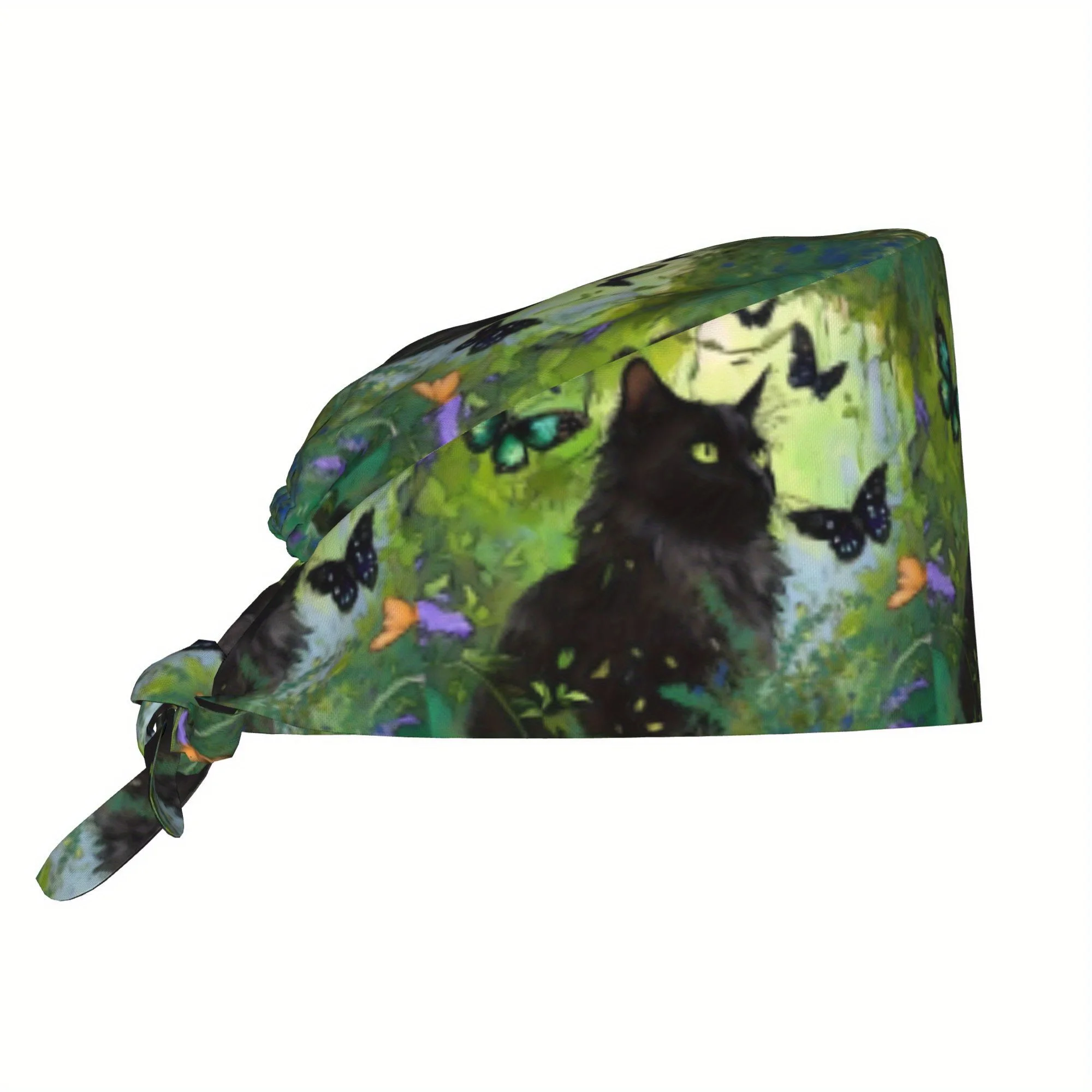 1pc Women's Lightweight Adjustable Skull Cap - Black Cat & Butterflies Print, Tie-Back Nurse Hat, Dustproof Chef Cooking Cap, No