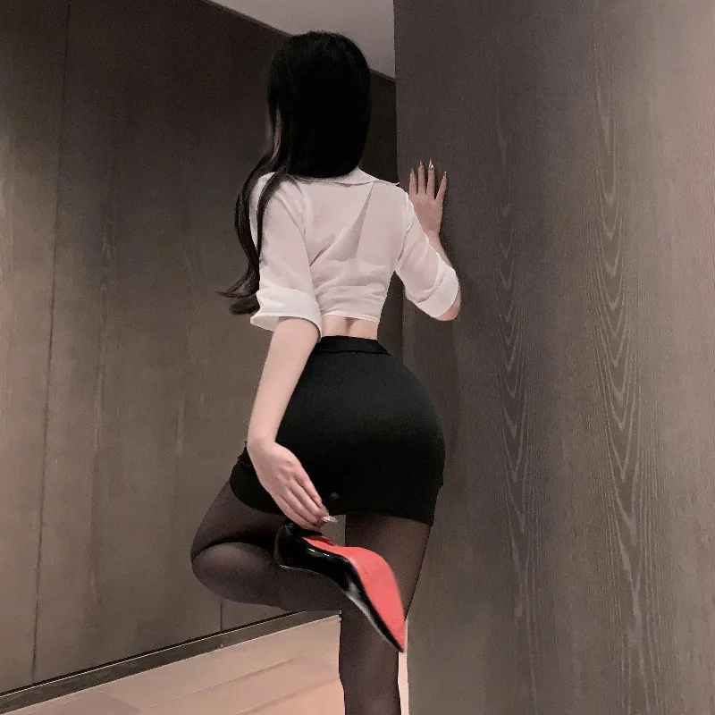 Sexy Secretary Uniform Lingerie Office Lady Cosplay Deep V Bodycon Mini Skirt Pajamas Sheer Nightgown Women's Hip Wrap Skirt Set view 6