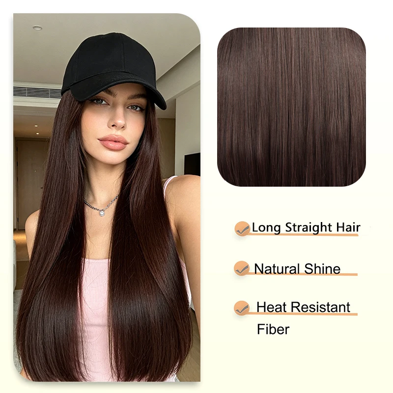 Black Baseball Cap with Hair Extensions, Synthetic Long Straight Hat Wig for Women, Adjustable Comfortable Fit Wig Hat
