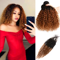 DreamDiana 100% Mongolian Curly 3 Bundles With Lace Closure 10A Ombre Brown Blond Human Hair Afro Kinky Curly Hair With Closure