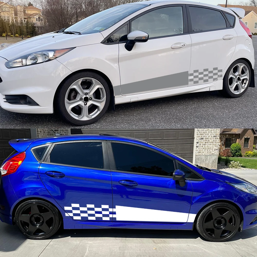 PVC Side Skirt Checkered Flag Stripe Decal for Ford Fiesta MK8 HJB 2017‑2023 Racing Checker Graphic Self‑Adhesive Car Exterior
