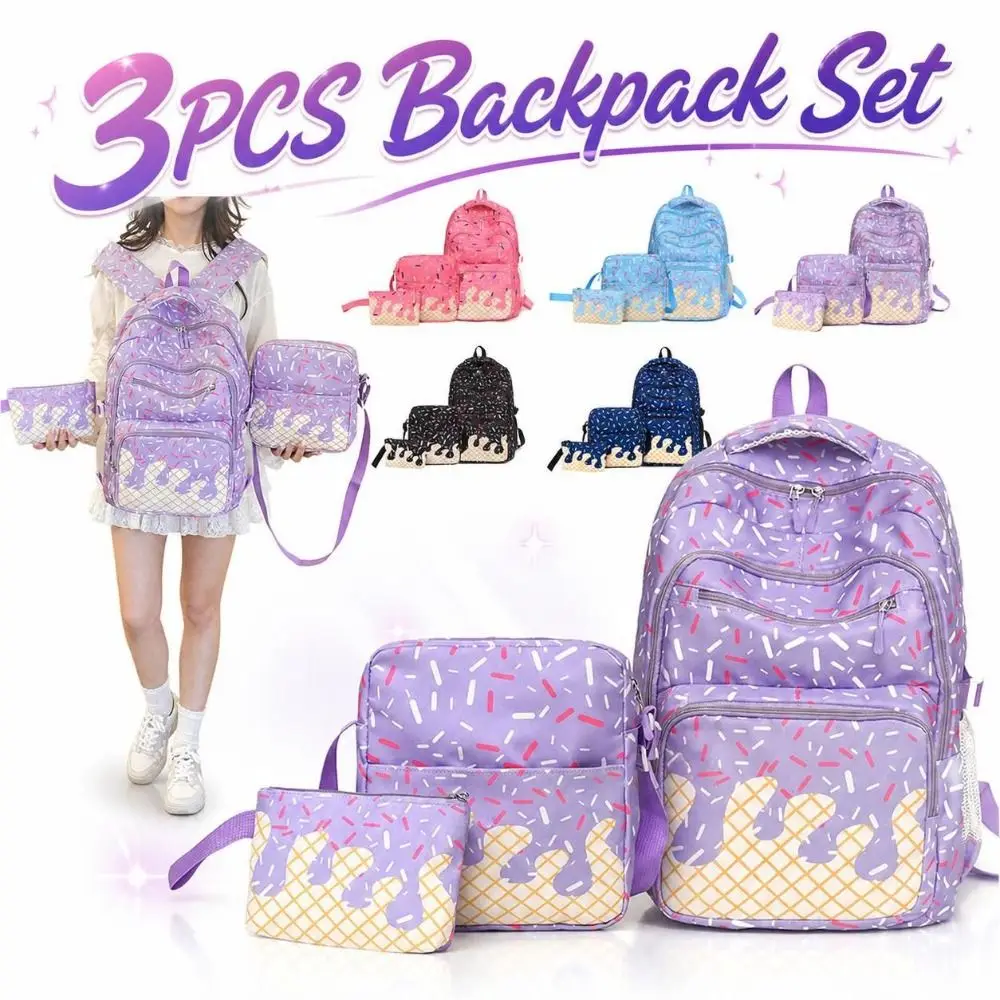 3PCS Stylish Ice Cream Print Backpack Set Waterproof Spacious School Backpack Lightweight Colorful Printed Schoolbag Teenagers