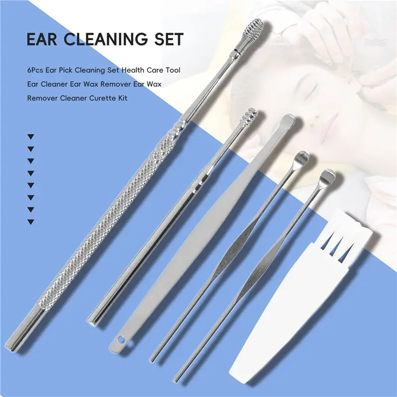 A98E-6Pcs Ear Pick Cleaning Set Health Care Tool Ear Cleaner Ear Wax Remover Ear Wax Remover Cleaner Curette Kit