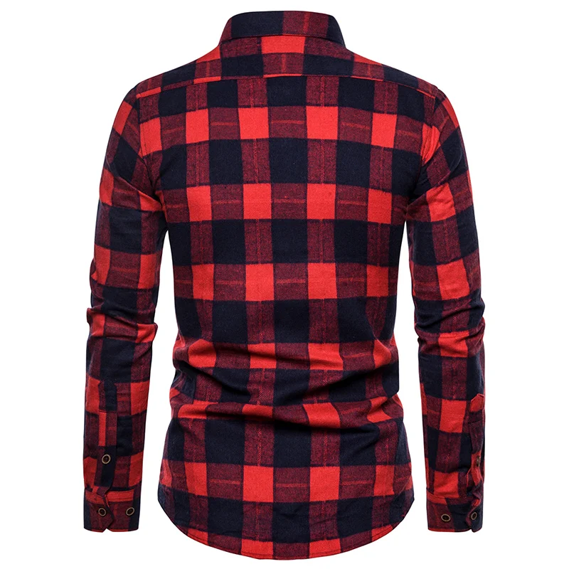 Fall Men\'s Long Sleeved Plaid Shirt Pockets Single Breasted Lapel Cotton Shirts