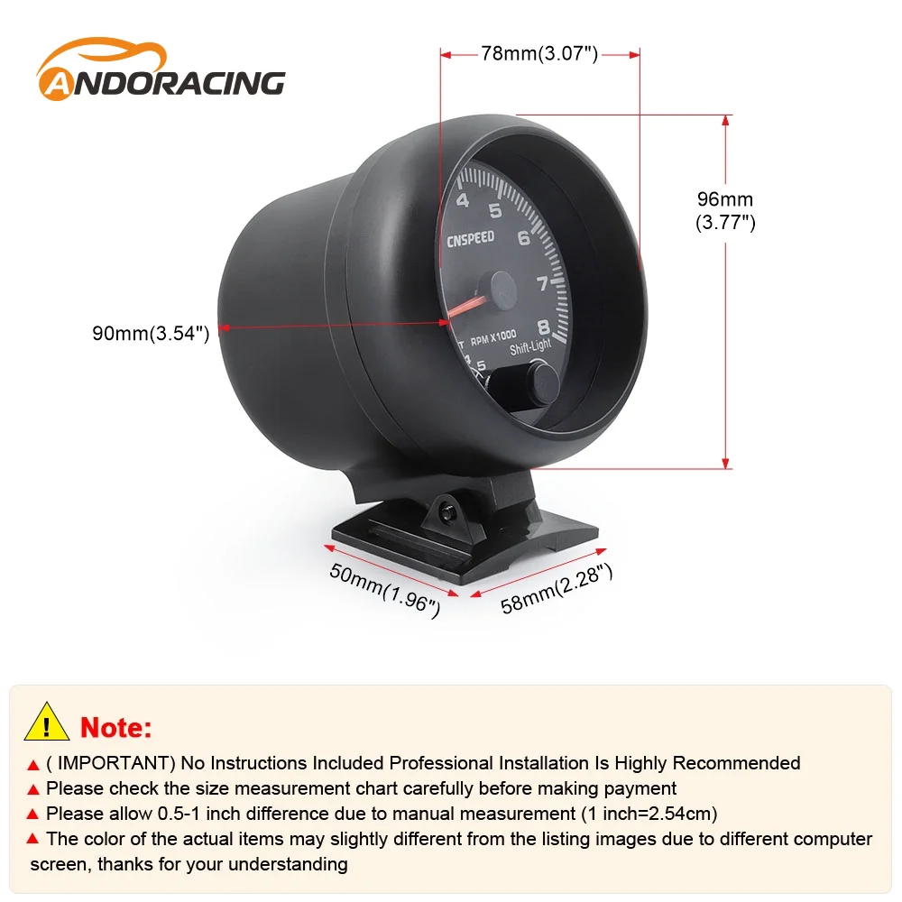12V Tachometer Gauge 3.75'' Car Universal Black Tachometer Gauge 7color Inter Shift Light 0-8000 RPM Fit 4 6 8 Cylinder