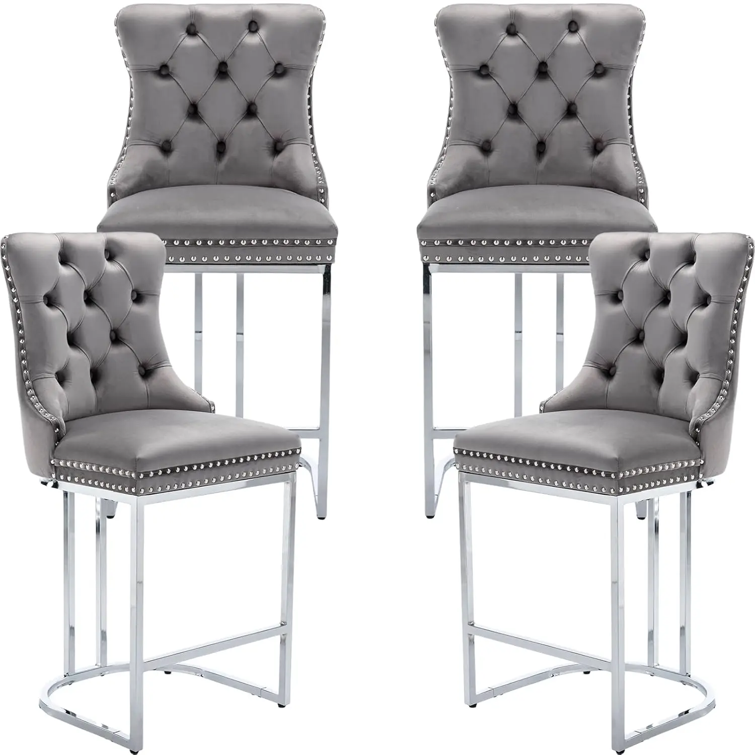 

Бархатные барные стулья высотой 26 дюймов, набор из 4 стульев с мягкой спинкой и тафтинговой обивкой, кухонный остров, паб, кафе, хромированные ножки, серый, по индивидуальному заказу