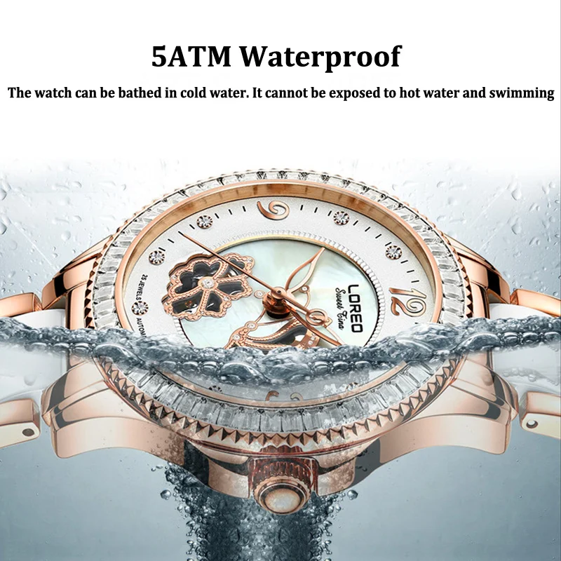 LOREO Shell Dial Women Watches Automatic Mechanical Premium Leather Strap Wrist Watches Ladies 5ATM Waterproof Female Relogio