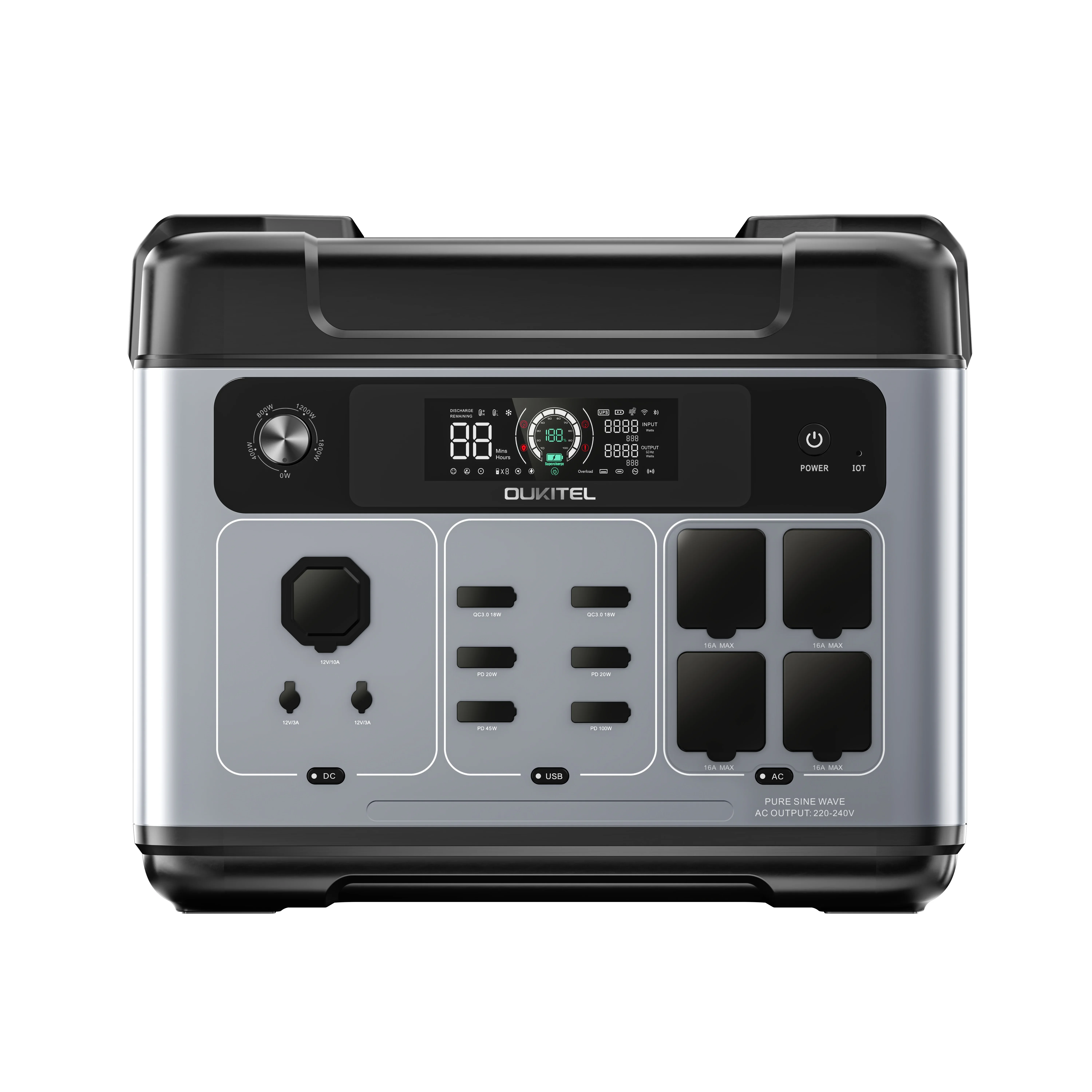 OUKITEL 휴대용 발전소 스마트 앱 제어 비상 배터리, Lifepo4 태양광 발전기, 2400W 