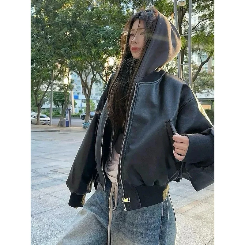 

Black Oversized Faux Leather Jacket Women Ribbed Collar Cuff Hem Full Zip Closure Bomber Patch Pocket Coats Lady Casual Jackets