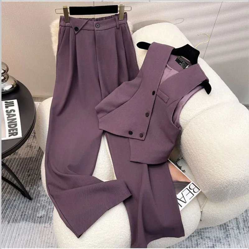 2026 Spring Autumn Fashion Temperament Blazer Vest Suit Simple Purple Sleeveless Jacket Straight Pants 2 Piece Set Women Outfits
