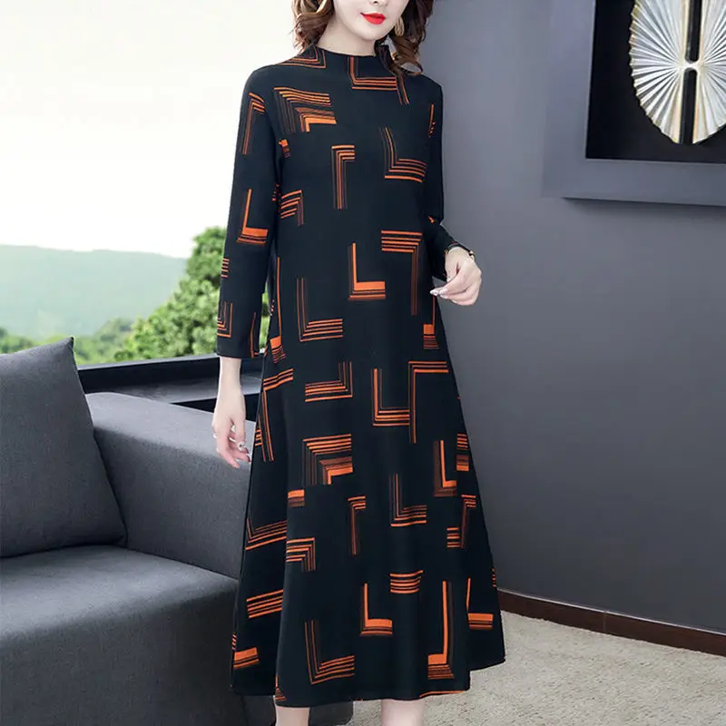 

Spring Autumn Women's Pullover Round Neck Solid Geometric Printed Long Sleeve Fashion Casual Office Lady Loose Midi Dress