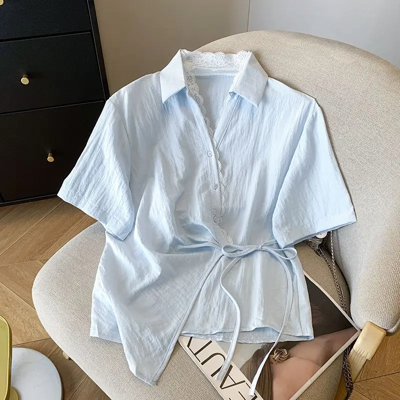 Gentle Lace Splice V-ne ort Sve irt Vita stretta con cintura Faion Top estivo da donna Coreano Sle Pendolarismo Vento Vestibilità ampia