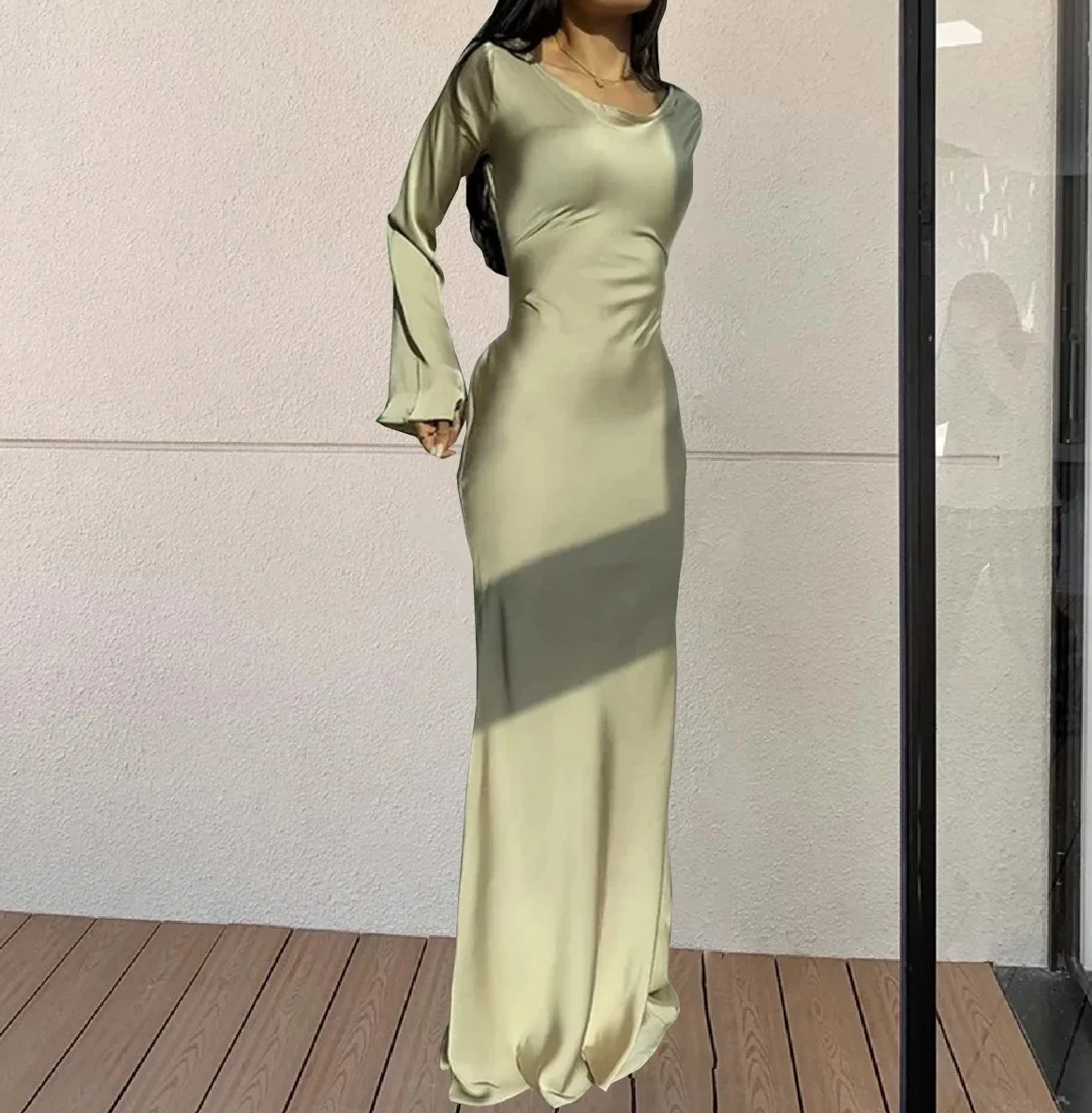 فساتين طويلة أنيقة جديدة موضة خمر بسيطة مستديرة الرقبة الساتان مضيئة كم الدانتيل يصل سليم مساء فستان المرأة مثير #2