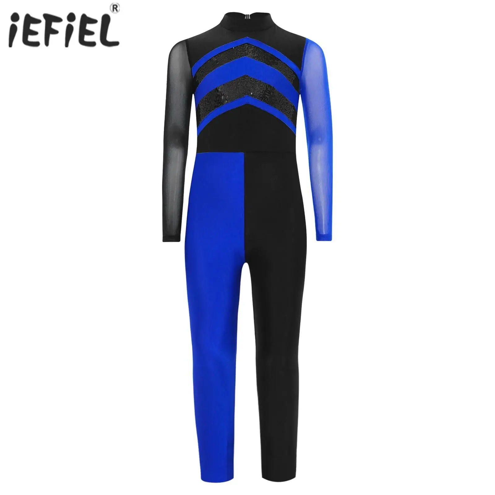 Kid Girls Ballet Gymnastics Romper Dance Performance Costumes Sequins Jumpsuit with Sheer Mesh Long Sleeves and Cutout Back