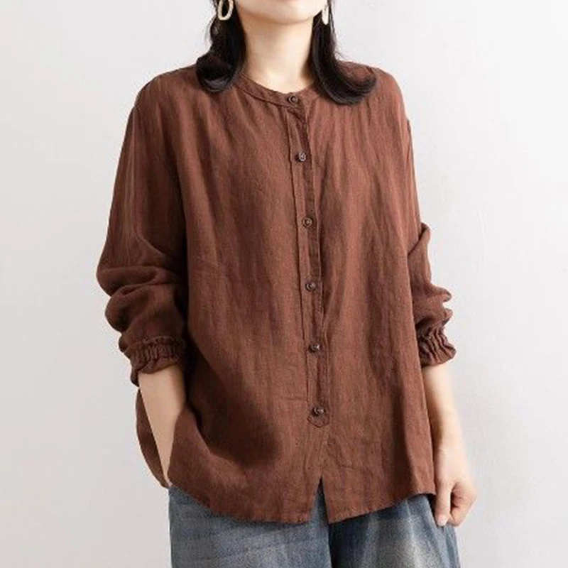 Blusa de manga comprida de algodão vintage com decote em o feminino, camisa casual feminina, botões soltos na moda, primavera, outono, estilo étnico