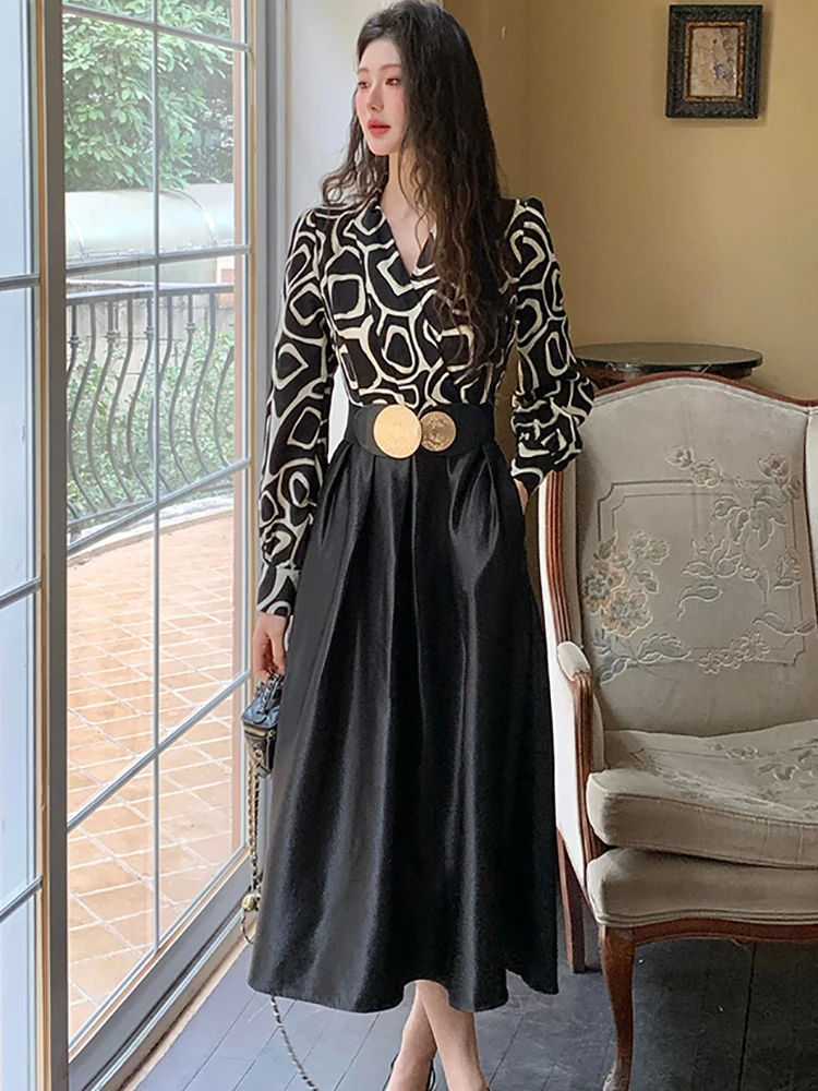 春黒サテンパッチワークプリントシックなドレス女性エレガントなボディコン包帯ロングドレス 2025 韓国ヴィンテージヘップバーンフェスティバルローブ