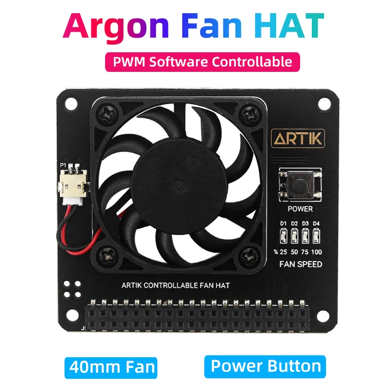 Sombrero de ventilador de argón para Raspberry Pi 4 con botón de encendido, Software PWN controlable, ventilador de 40mm para Pi 4B 3B + 3B,