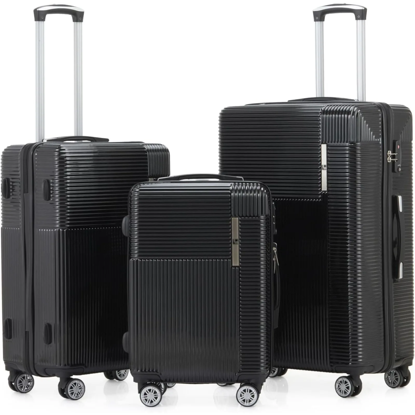 

US Luggage Sets 3 Piece Luxury PC + ABS 3 Piece Sets with TSA Lock 20in 24in 28in (Black)