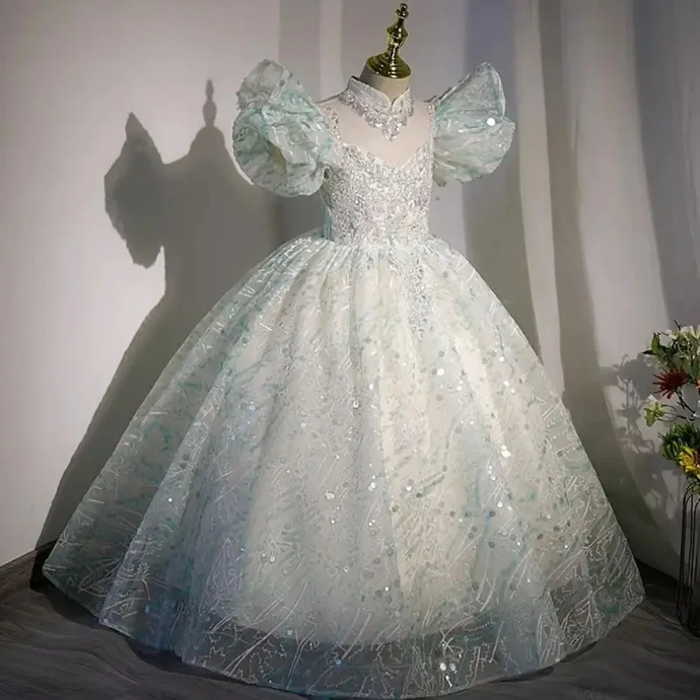 فساتين فتاة الزهور لحفلات زفاف الأميرة الكشكشة فستان حفلات للفتيات لالتقاط الصور الترتر طول الأرض فساتين التواصل الأول للأطفال