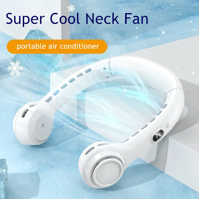 Poratble New Summer Leafless Hanging Neck Fan Halterneck Twin Turbo Safety Digital Display Bladeless Fans 4 Speed Wind Fan