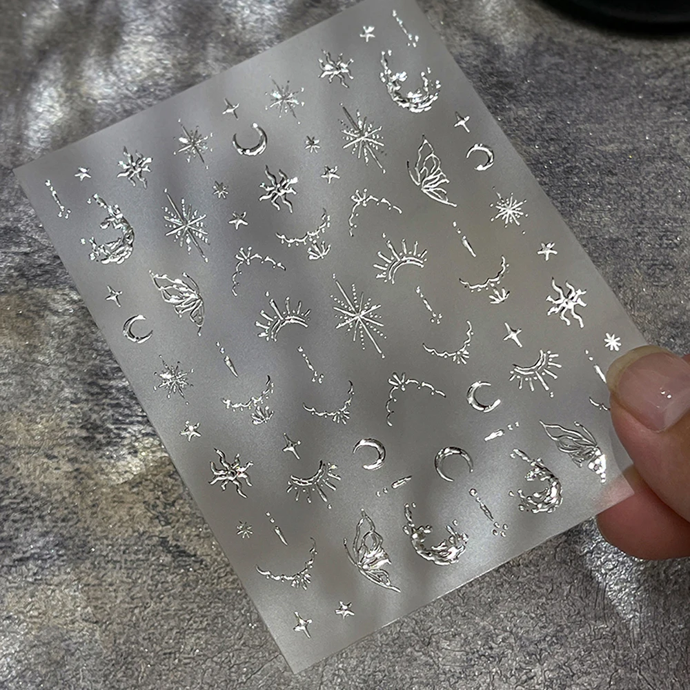 1 stks Hot Stamping Sterren Maan Nail Art Sticker Goud Zilver Griekse Stijl Zon Vlinder Nail Decals Zelfklevende glanzende Nail Decora