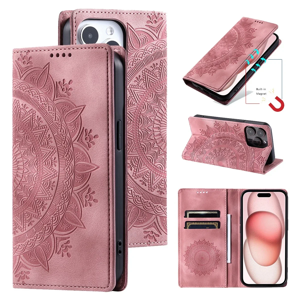 Embossed Totem Wallet Case with Card Slots for iPhone 16 15 14 13 12 11 Pro Max 13 Pro XR 7 8 16e Magnetic Leather Flip Cover