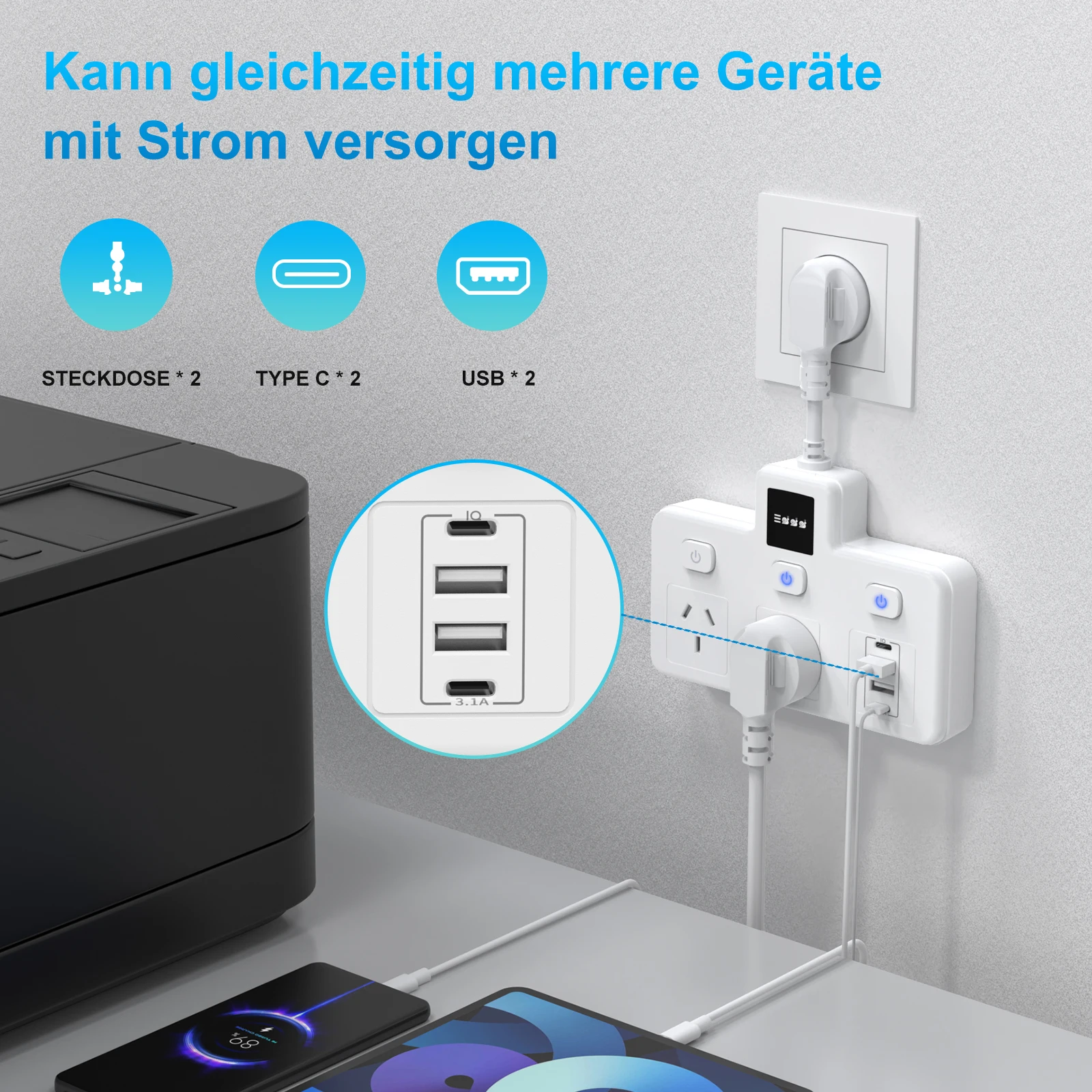 

Умная розетка 6-в-1 австралийского стандарта, сенсорные ночные огни 2USB+2Type-C, безопасная быстрая зарядка с сердечником из чистой меди